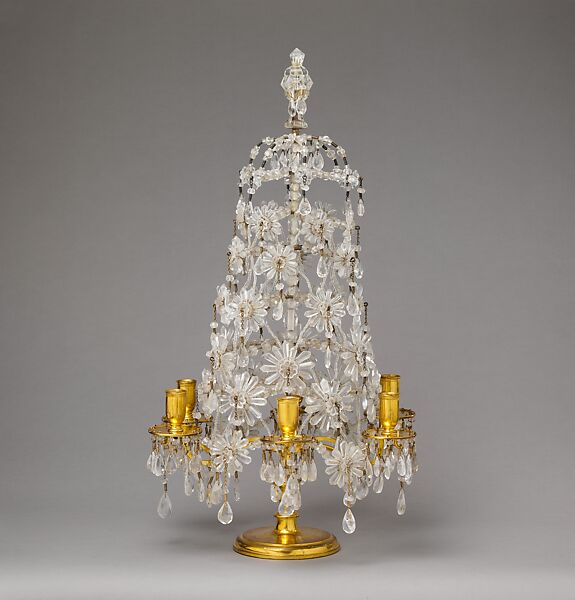 Six-light candelabrum (girandole) (one of a pair), Rock crystal, gilt bronze, silvered brass, iron, brass wire, glass, possibly Swedish 