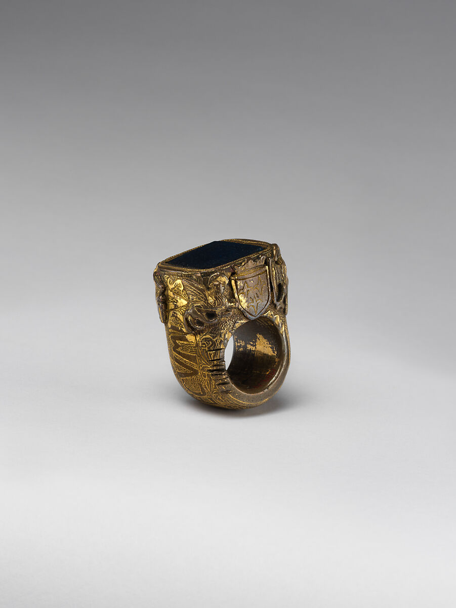 Ring with the Name of Pope Paul II (r. 1464–71), Gilt brass, blue glass, Italian, Rome 