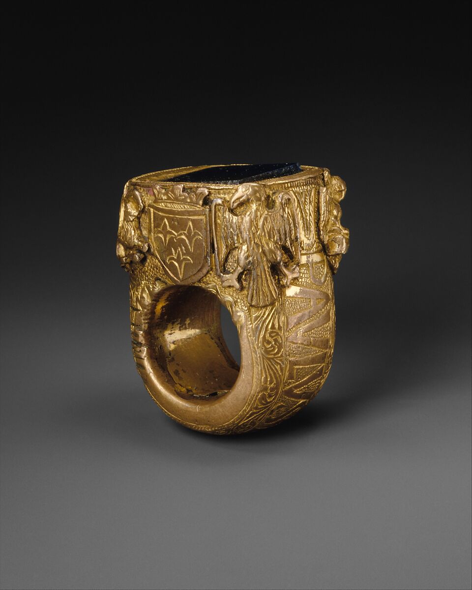 Ring with the Name of Pope Paul II (r. 1464–71), Gilt brass, blue glass, Italian, Rome