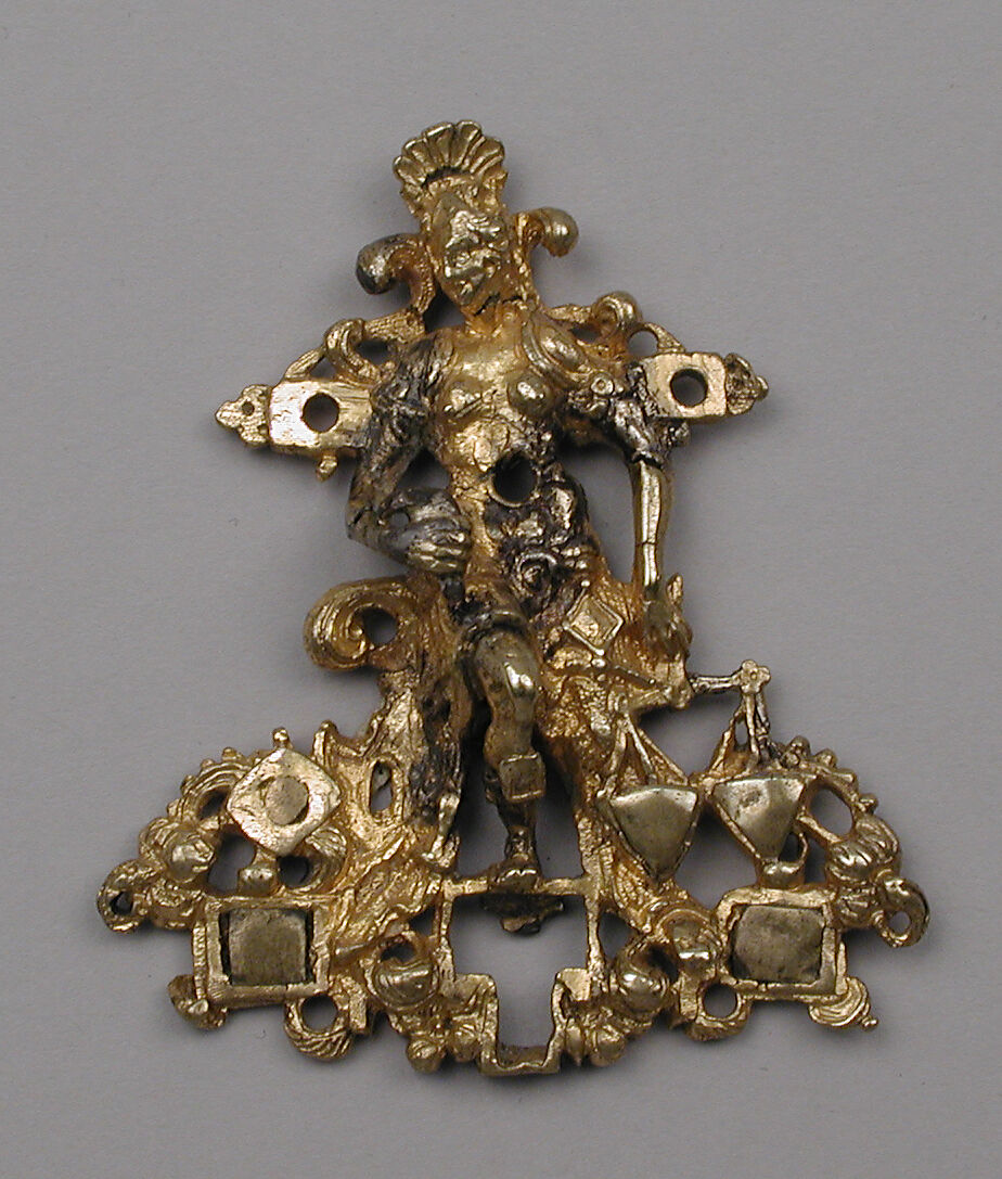 Model for a pendant with a figure of Justice, Brass, partly gilded and silvered, and pewter, Flemish or German 