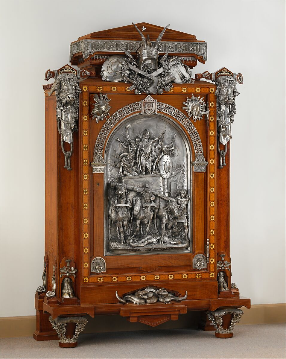 Cabinet, Designed by Jean Brandely (French, active 1855–67), Oak veneered with cedar, walnut, ebony and ivory; silvered-bronze mounts, French, Paris 