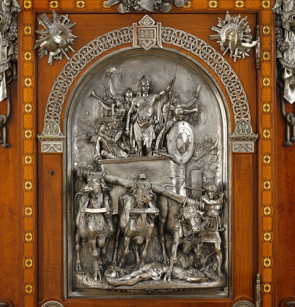 Cabinet, Designed by Jean Brandely (French, active 1855–67), Oak veneered with cedar, walnut, ebony and ivory; silvered-bronze mounts, French, Paris