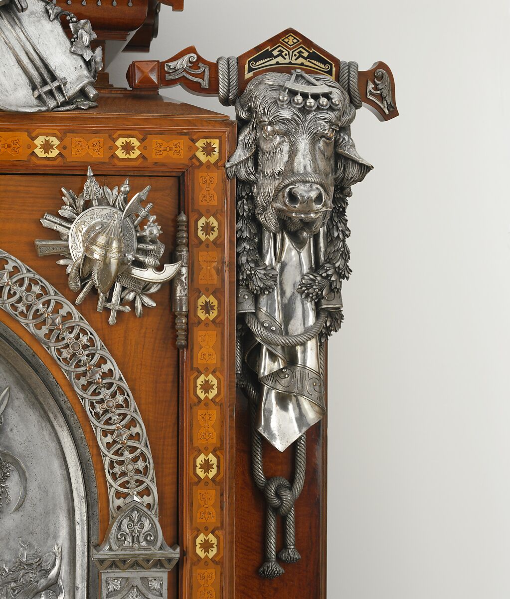 Cabinet, Designed by Jean Brandely (French, active 1855–67), Oak veneered with cedar, walnut, ebony and ivory; silvered-bronze mounts, French, Paris