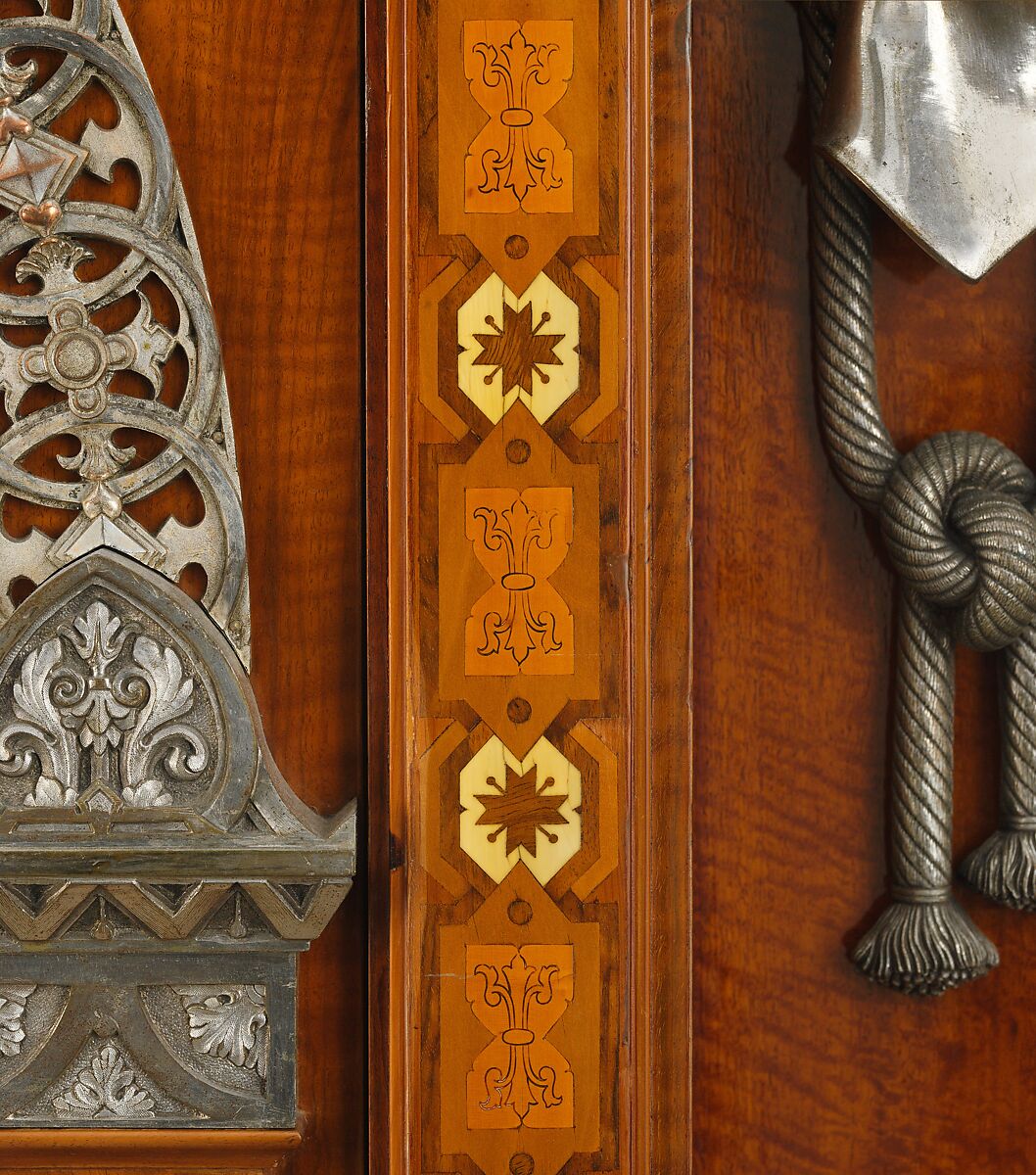 Cabinet, Designed by Jean Brandely (French, active 1855–67), Oak veneered with cedar, walnut, ebony and ivory; silvered-bronze mounts, French, Paris