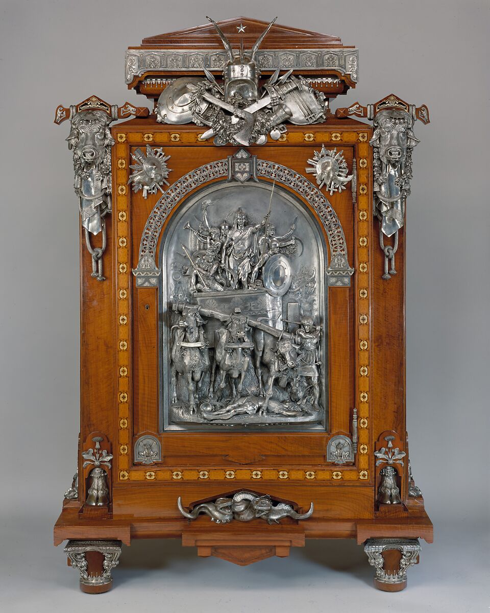 Cabinet, Designed by Jean Brandely (French, active 1855–67), Oak veneered with cedar, walnut, ebony and ivory; silvered-bronze mounts, French, Paris