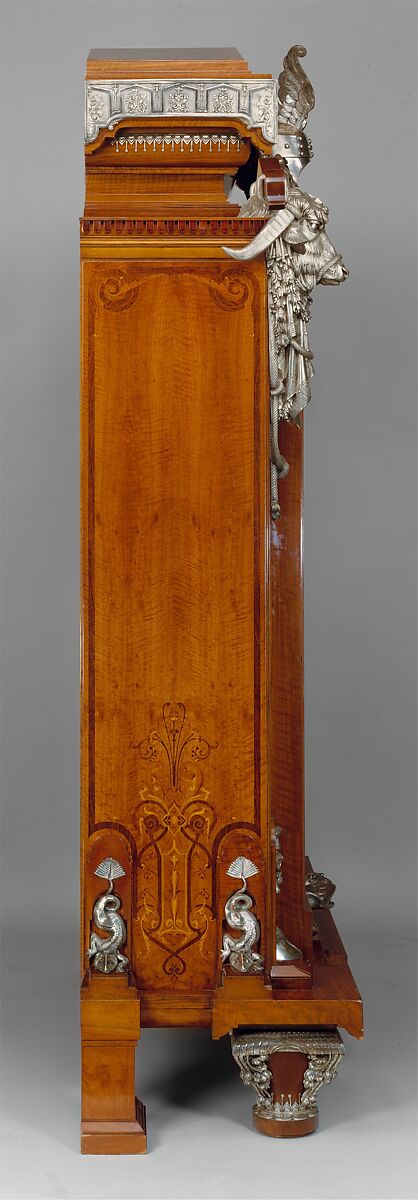 Cabinet, Designed by Jean Brandely (French, active 1855–67), Oak veneered with cedar, walnut, ebony and ivory; silvered-bronze mounts, French, Paris