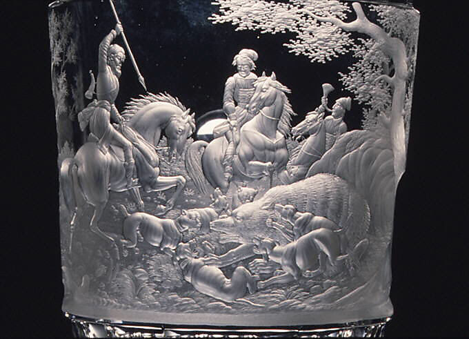 Goblet with cover, Engraved decoration in the style of August Böhm (1812–1890), Glass, Austrian or Bohemian