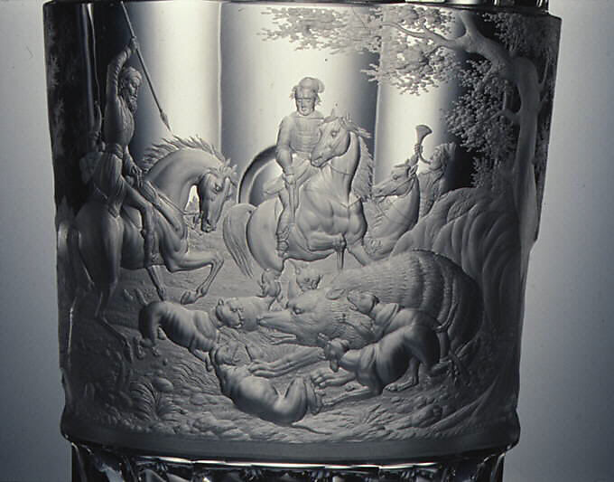 Goblet with cover, Engraved decoration in the style of August Böhm (1812–1890), Glass, Austrian or Bohemian