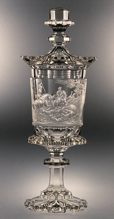 Goblet with cover, Engraved decoration in the style of August Böhm (1812–1890), Glass, Austrian or Bohemian 
