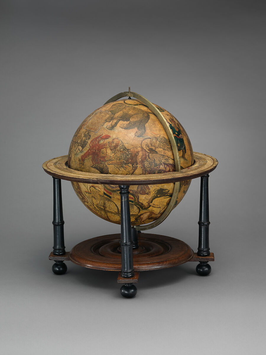 Celestial globe, Willem Jansz Blaeu  Dutch, Paper, brass, oak and stained, light-colored wood, Dutch, Amsterdam