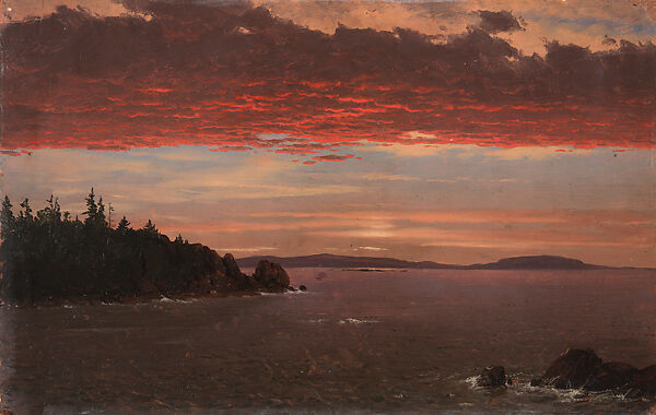 Schoodic Peninsula from Mount Desert at Sunrise, Frederic Edwin Church (American, Hartford, Connecticut 1826–1900 New York), Oil on paperboard, American 