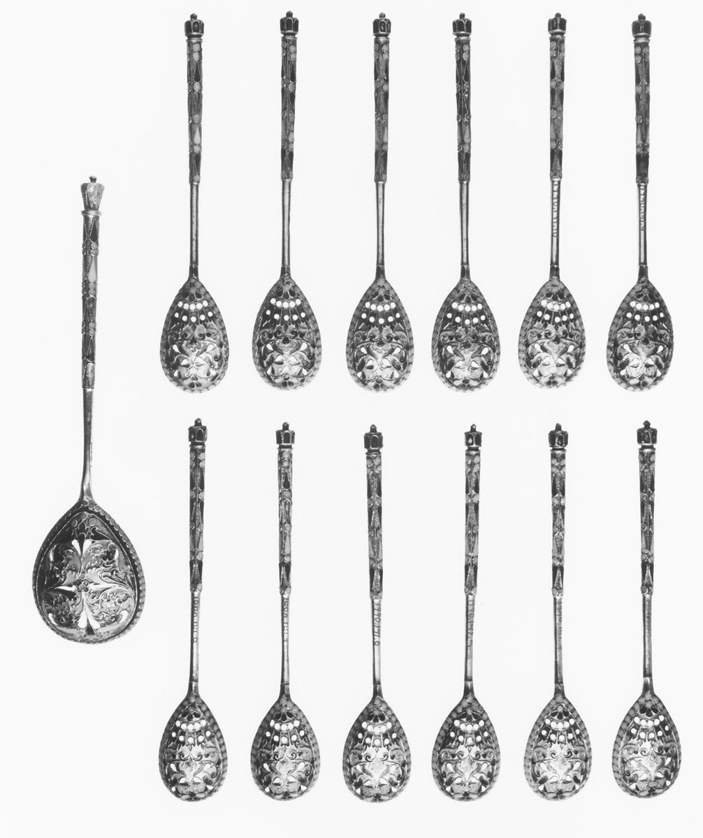 Twelve long-handled teaspoons, Silver, enamel, Russian 