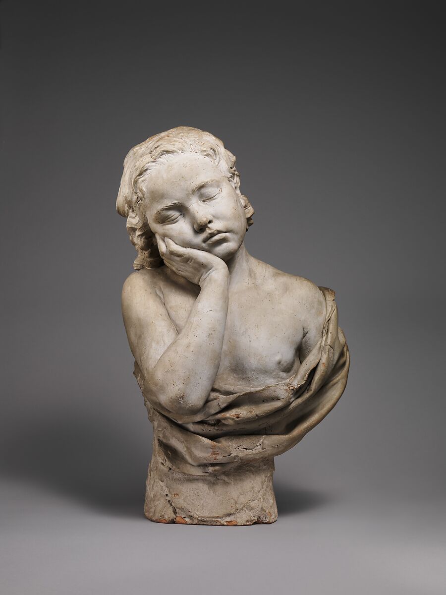 Sleeping Boy, Philippe Laurent Roland (French, Pont-à-Marc 1746–1816 Paris), Terracotta, painted white, Italian, Rome 