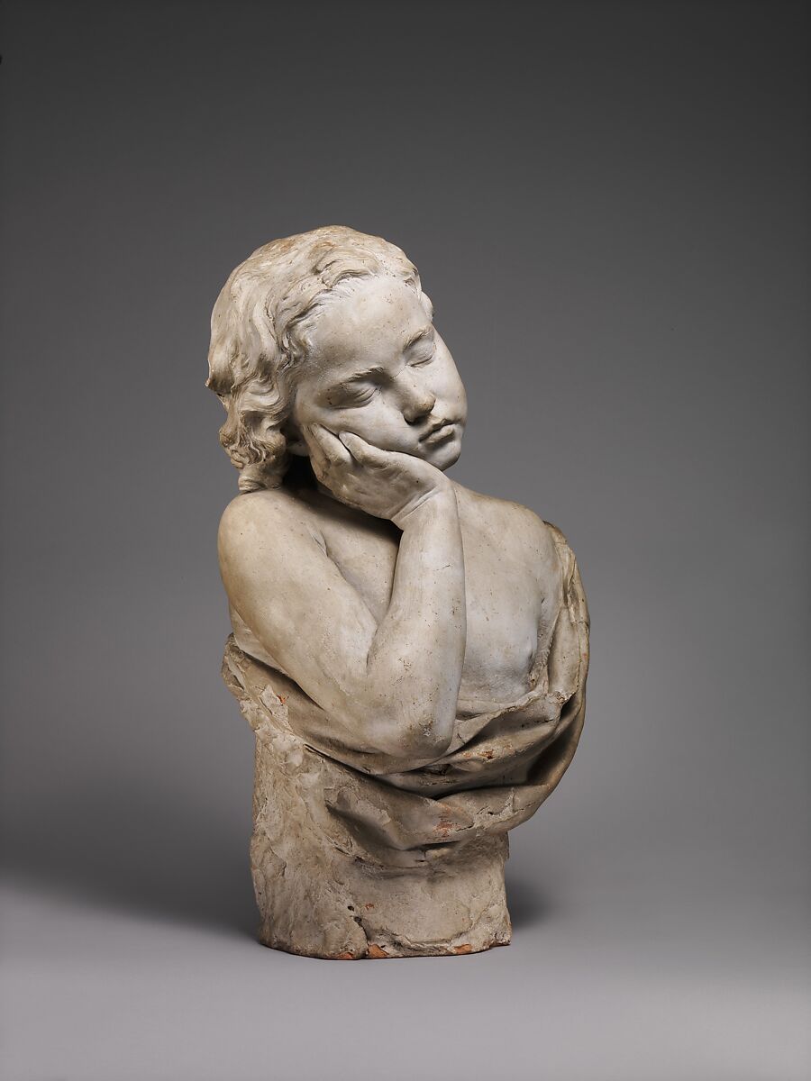 Sleeping Boy, Philippe Laurent Roland (French, Pont-à-Marc 1746–1816 Paris), Terracotta, painted white, Italian, Rome