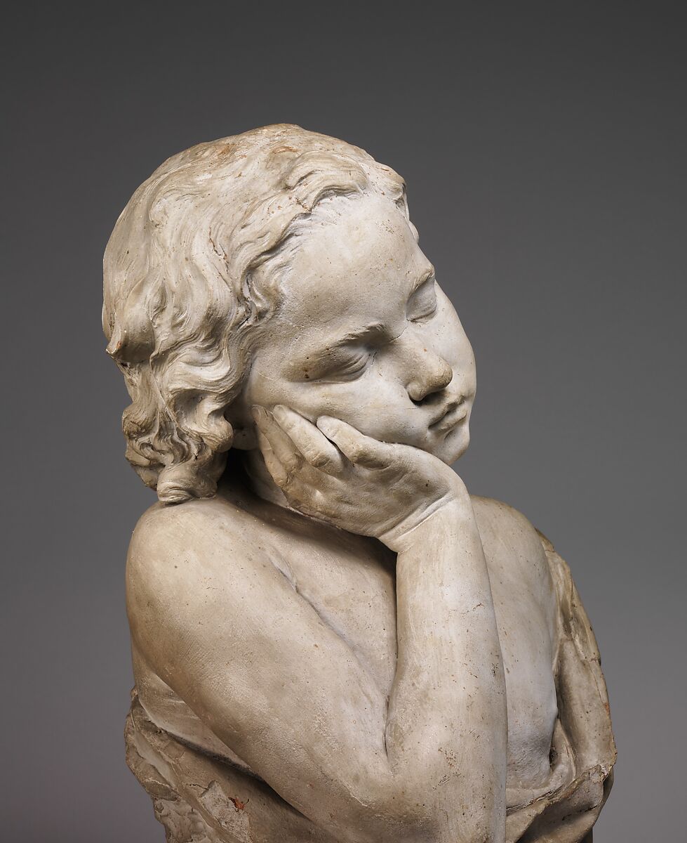 Sleeping Boy, Philippe Laurent Roland (French, Pont-à-Marc 1746–1816 Paris), Terracotta, painted white, Italian, Rome