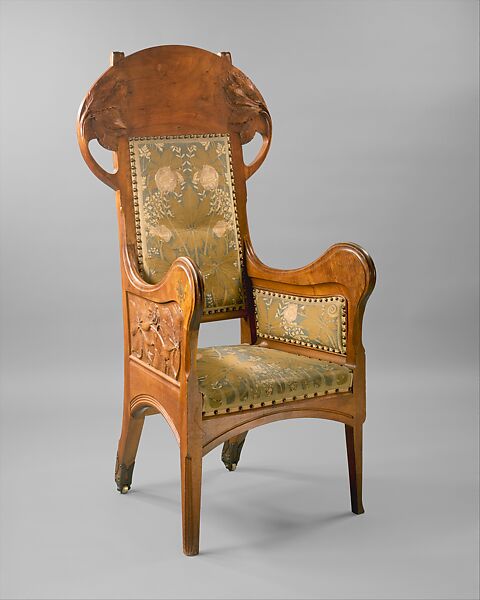 Armchair, Designed by Henri-Jules-Ferdinand Bellery-Desfontaines (French, Paris 1867–1910), Walnut, brass, copper, and cotton, wool, and silk tapestry, French, Paris 