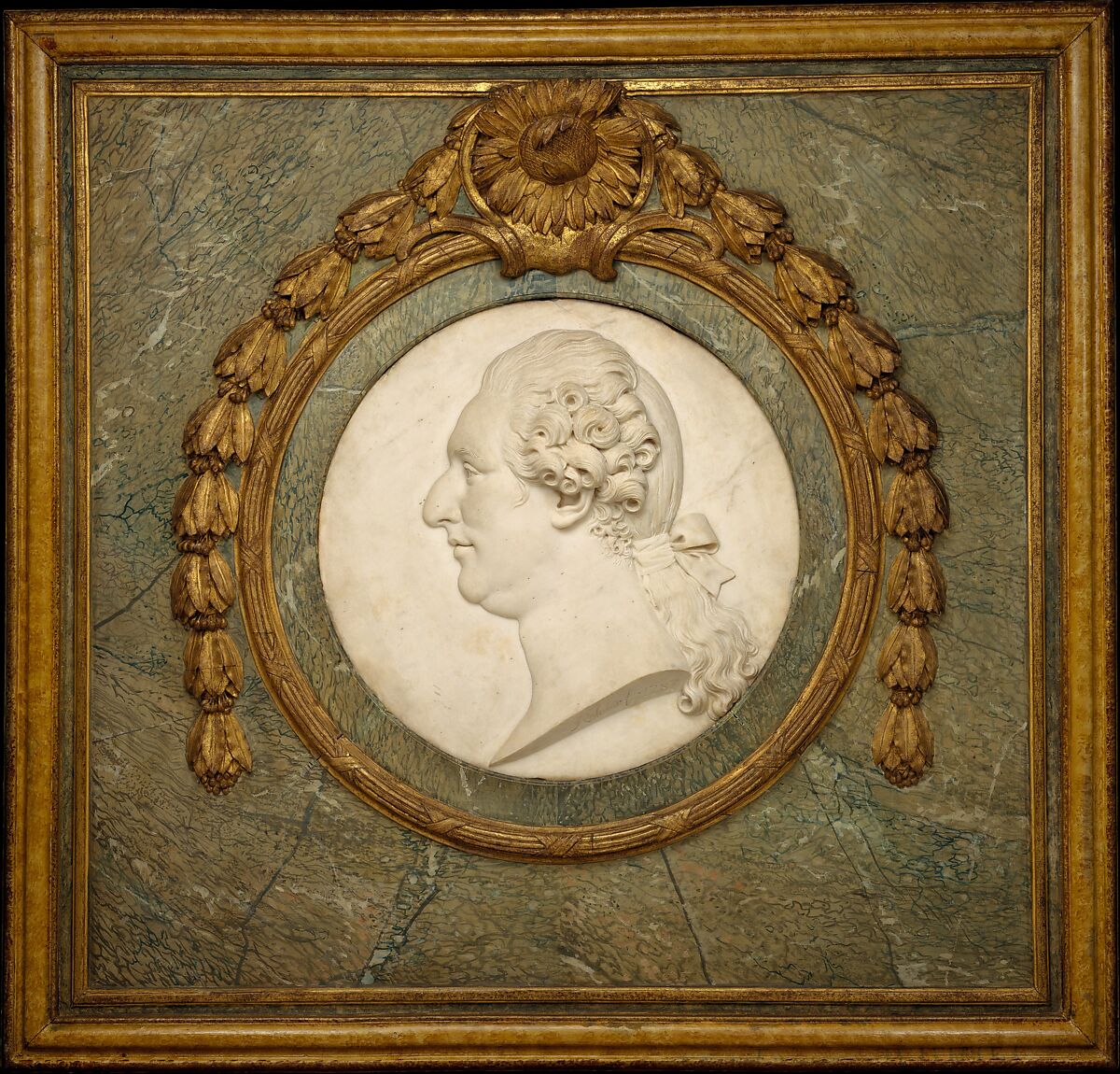 Louis XVI, Philippe Laurent Roland (French, Pont-à-Marc 1746–1816 Paris), Marble medallion, gilt and marbleized wood frame, French, Paris 