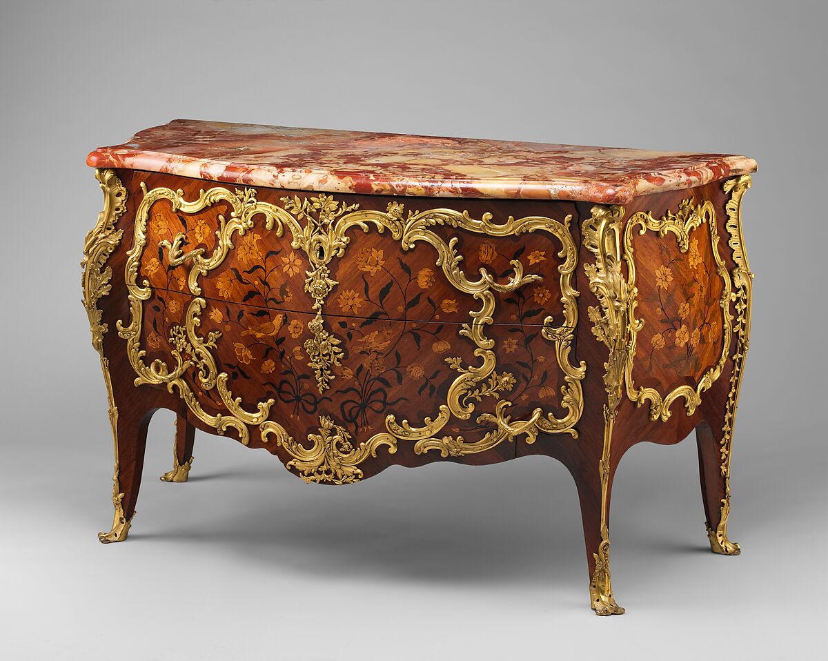 Commode, Denis Genty (master ébéniste 1754–ca. 1762), Oak veneered with amaranth, bois satiné, boxwood, and various stained woods; gilt bronze; rouge royal marble, French, Paris 