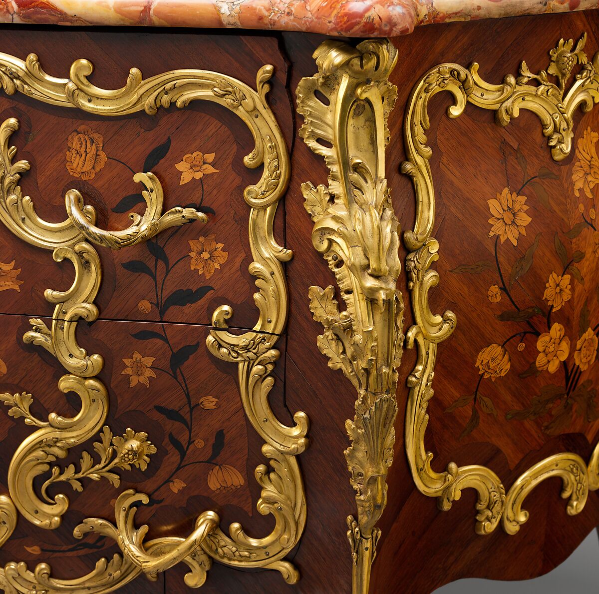 Commode, Denis Genty (master ébéniste 1754–ca. 1762), Oak veneered with amaranth, bois satiné, boxwood, and various stained woods; gilt bronze; rouge royal marble, French, Paris