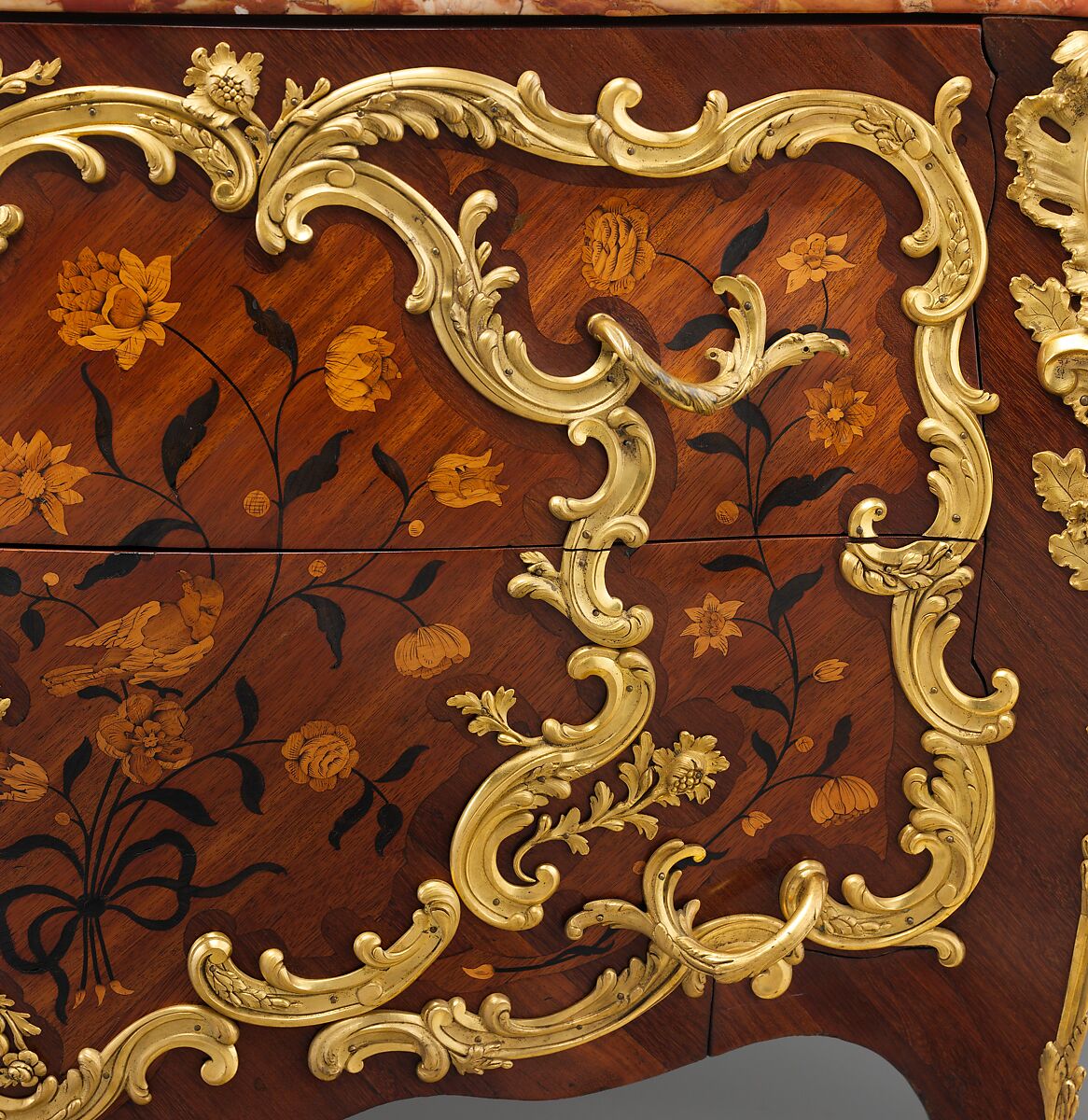 Commode, Denis Genty (master ébéniste 1754–ca. 1762), Oak veneered with amaranth, bois satiné, boxwood, and various stained woods; gilt bronze; rouge royal marble, French, Paris