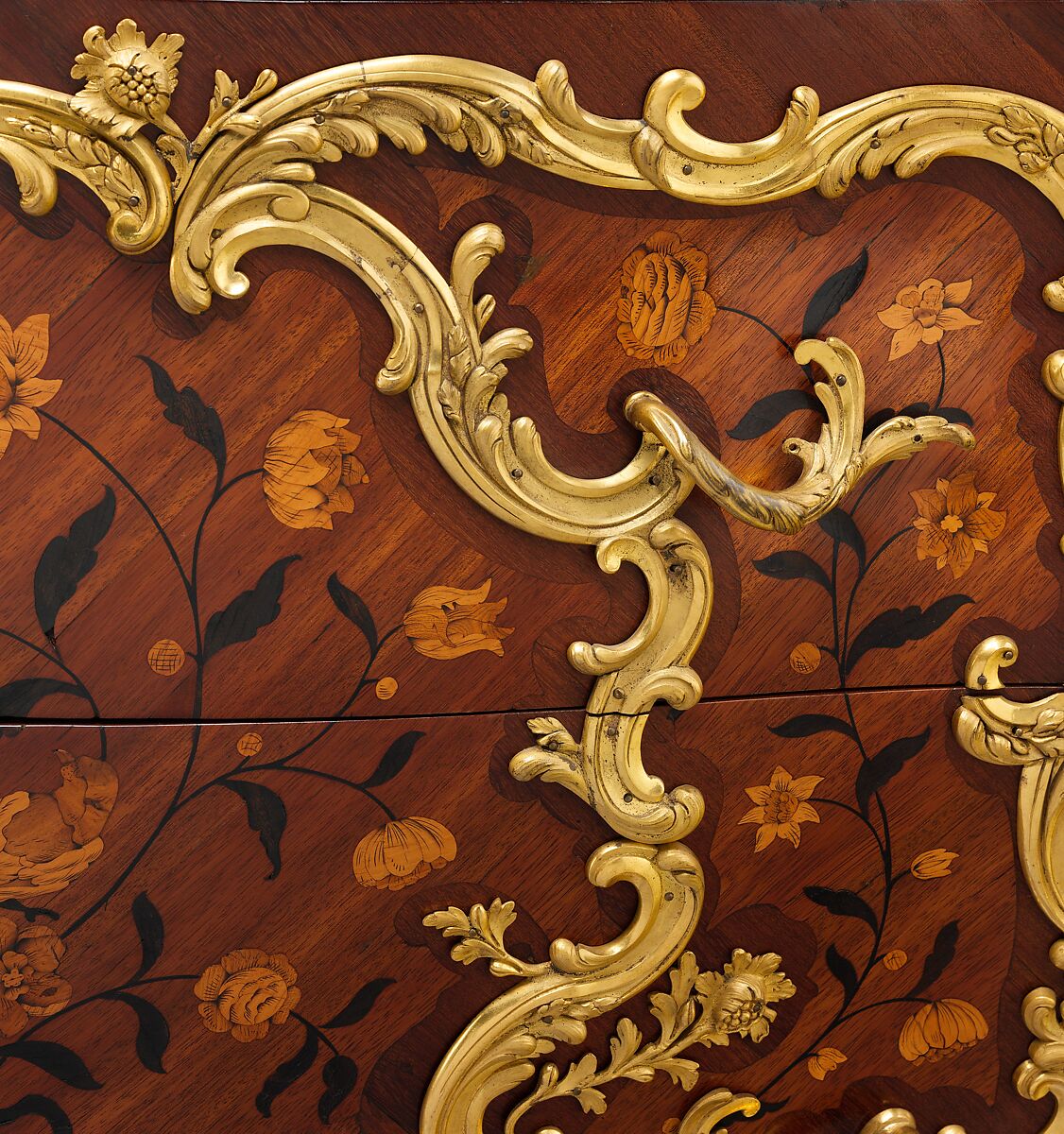 Commode, Denis Genty (master ébéniste 1754–ca. 1762), Oak veneered with amaranth, bois satiné, boxwood, and various stained woods; gilt bronze; rouge royal marble, French, Paris