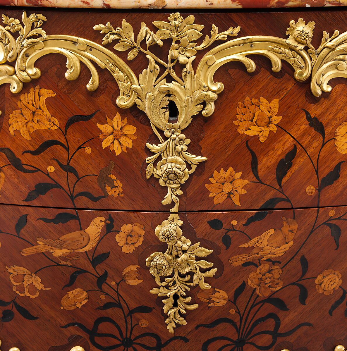 Commode, Denis Genty (master ébéniste 1754–ca. 1762), Oak veneered with amaranth, bois satiné, boxwood, and various stained woods; gilt bronze; rouge royal marble, French, Paris