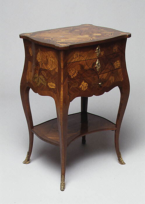 Small table (table en chiffonière), Jean-Charles Saunier (French, 1735–1807, master 1765), Walnut, oak and pine, purplewood, satiné wood, mahogany, engraved boxwood and stained woods, gilt-bronze, French 