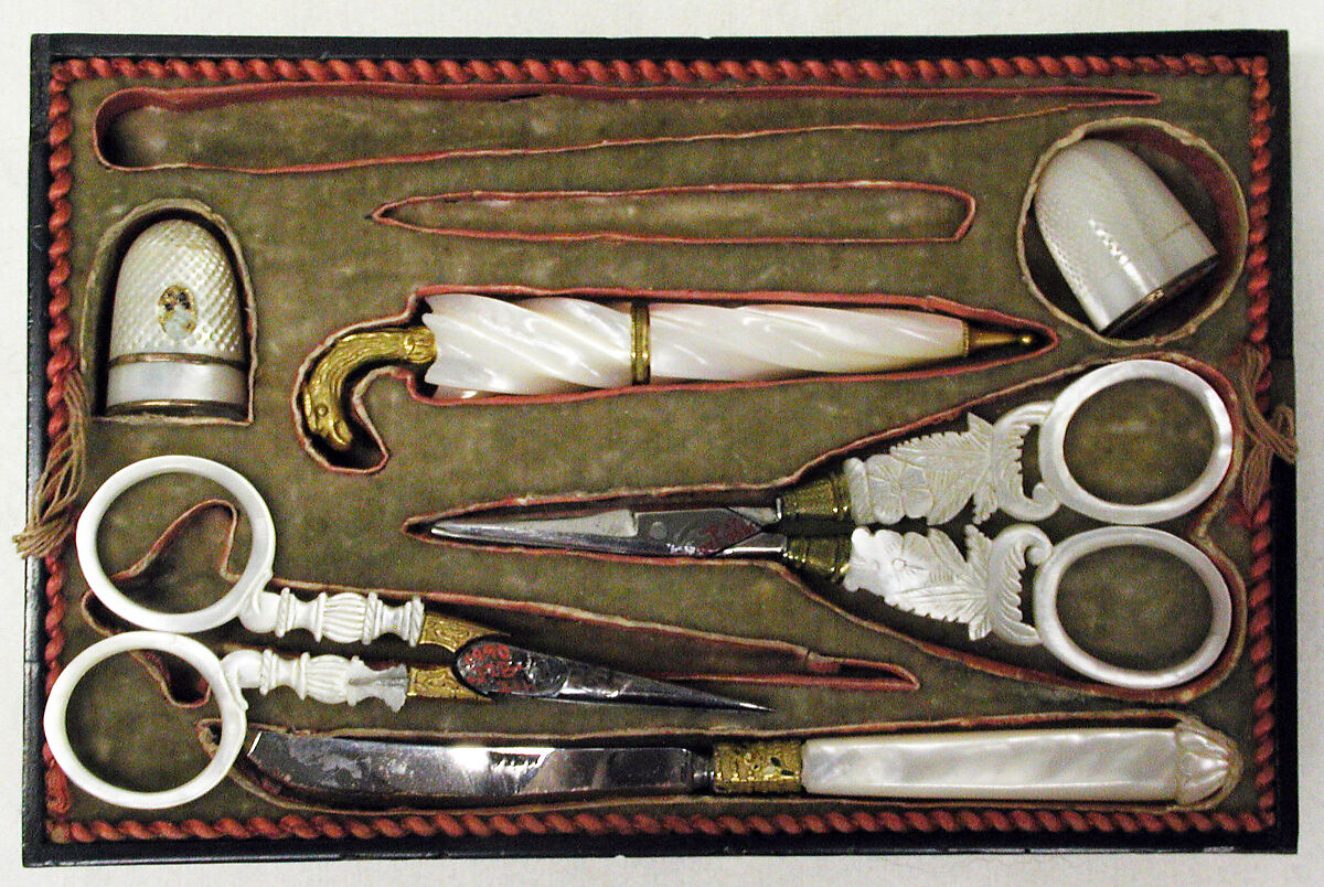 Sewing casket with view of Weilburg near Baden in Austria, Painting by Balthasar Wigand (Austrian, Vienna 1771–1846 Felixdorf), Wood veneered with mother-of-pearl; gilt-metal mounts partially enameled; gouache on paper; velvet lining; fittings of steel and mother-of-pearl, Austrian, Vienna