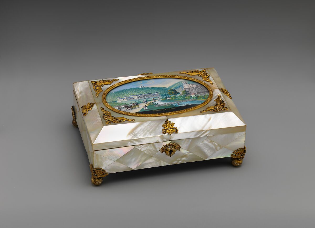 Sewing casket with view of Weilburg near Baden in Austria, Painting by Balthasar Wigand (Austrian, Vienna 1771–1846 Felixdorf), Wood veneered with mother-of-pearl; gilt-metal mounts partially enameled; gouache on paper; velvet lining; fittings of steel and mother-of-pearl, Austrian, Vienna 