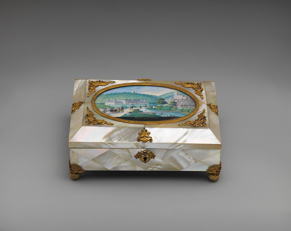 Sewing casket with view of Weilburg near Baden in Austria, Painting by Balthasar Wigand (Austrian, Vienna 1771–1846 Felixdorf), Wood veneered with mother-of-pearl; gilt-metal mounts partially enameled; gouache on paper; velvet lining; fittings of steel and mother-of-pearl, Austrian, Vienna