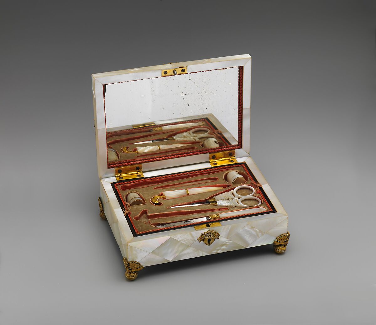 Sewing casket with view of Weilburg near Baden in Austria, Painting by Balthasar Wigand (Austrian, Vienna 1771–1846 Felixdorf), Wood veneered with mother-of-pearl; gilt-metal mounts partially enameled; gouache on paper; velvet lining; fittings of steel and mother-of-pearl, Austrian, Vienna