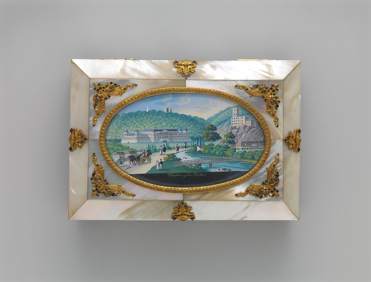 Sewing casket with view of Weilburg near Baden in Austria, Painting by Balthasar Wigand (Austrian, Vienna 1771–1846 Felixdorf), Wood veneered with mother-of-pearl; gilt-metal mounts partially enameled; gouache on paper; velvet lining; fittings of steel and mother-of-pearl, Austrian, Vienna