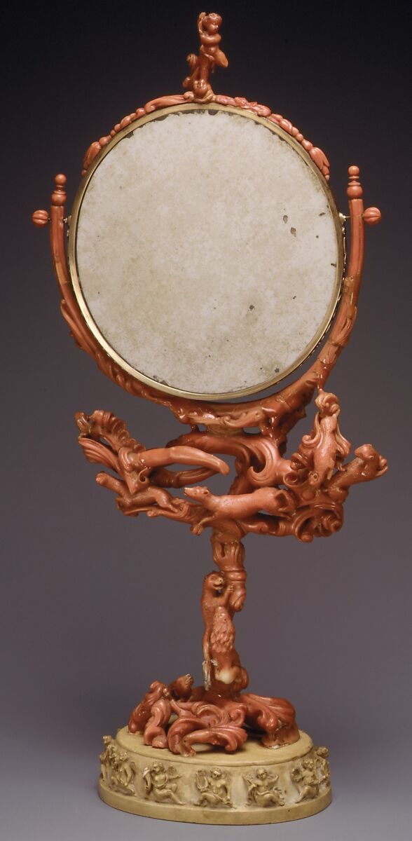 Mirror, Coral, honestone, mirror glass, gilt brass, German 