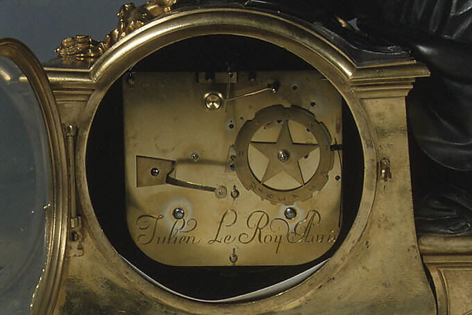 Mantel clock (pendule de cheminée), Movement by the workshop of Julien Le Roy (French, Tours 1686–1759 Paris), Case: gilded and patinated bronze on a base of oak veneered with ebony with gilded-bronze mounts; Dial: white enamel with black numerals; Movement: brass and steel, French, Paris