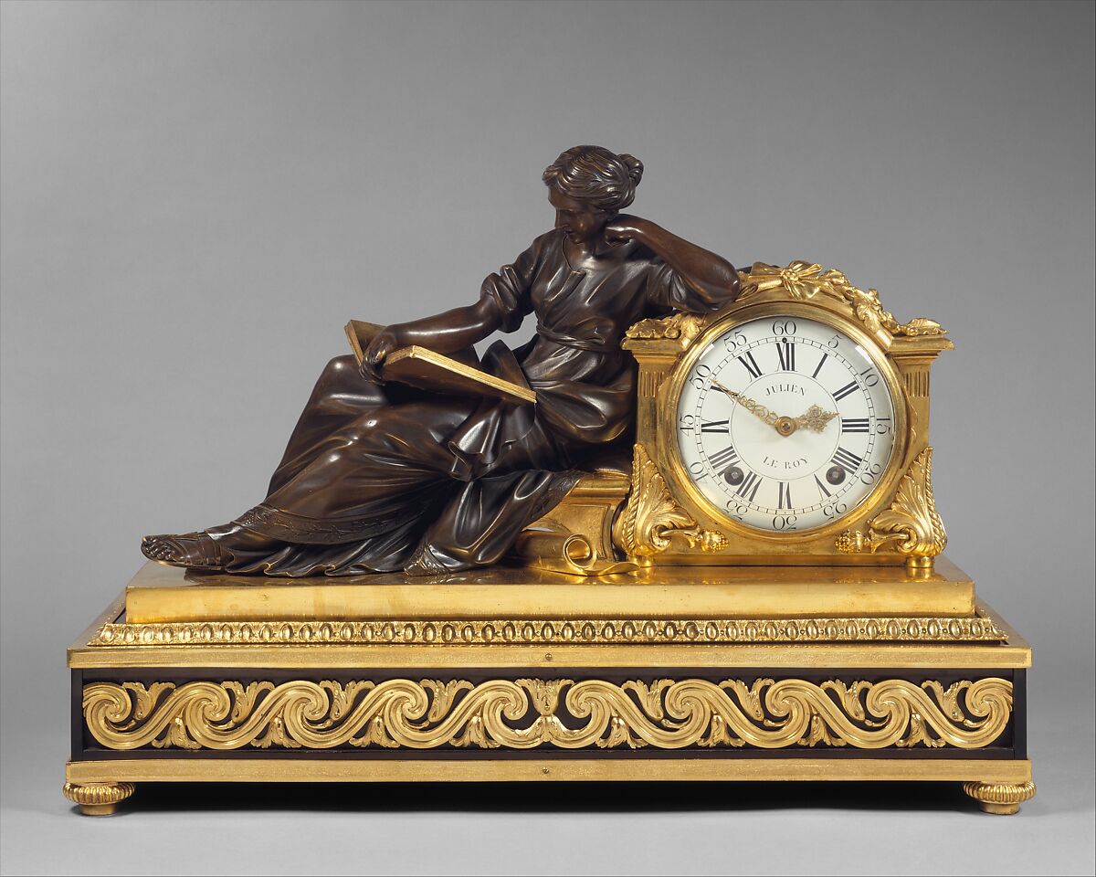 Mantel clock (pendule de cheminée), Movement by the workshop of Julien Le Roy (French, Tours 1686–1759 Paris), Case: gilded and patinated bronze on a base of oak veneered with ebony with gilded-bronze mounts; Dial: white enamel with black numerals; Movement: brass and steel, French, Paris 