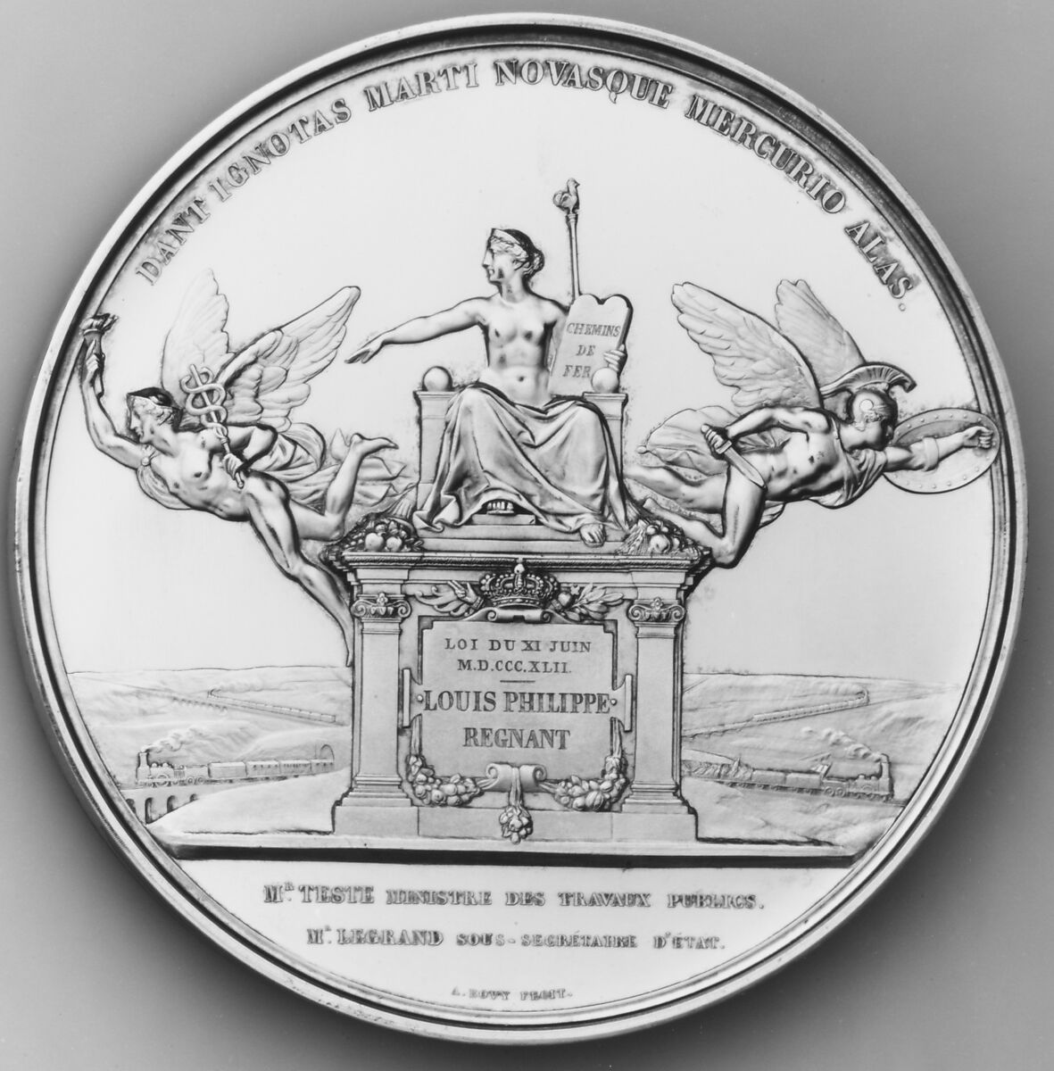 Louis-Philippe and Building of the French Railways, Medalist: Jean-François-Antoine Bovy (French, 1795–1877), Silver, struck, Swiss, Geneva
