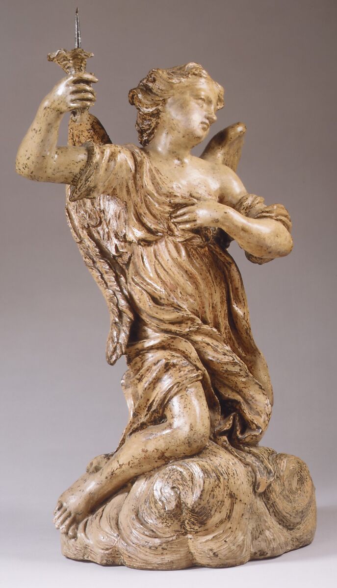 Candle-bearing angel (one of a pair), Workshop of Giuseppe Mazzuoli (Italian, Siena 1644–1725 Siena), Terracotta with later remains of paint, Italian, Siena 
