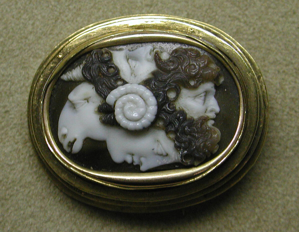Gryllos: conjoined heads of a youth, a bearded man, a satyr, and a ram, Onyx and gold, Italian
