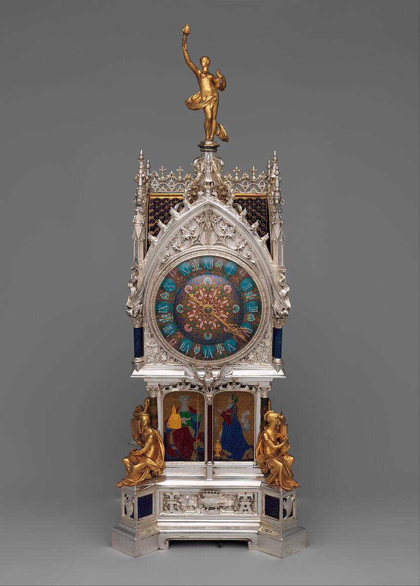 Table clock with calendar, Case and enamel design by the Firm of Lucien Falize (French, Paris 1839–1897 Paris), Silver, partly enameled gold, hardstones, rock crystal, amethysts, and diamonds, French, Paris 