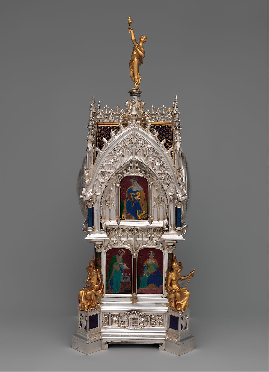 Table clock with calendar, Case and enamel design by the Firm of Lucien Falize (French, Paris 1839–1897 Paris), Case: silver, partly enameled gold, hardstones, rock crystal, amethysts, and diamonds; movement: brass and steel, French, Paris