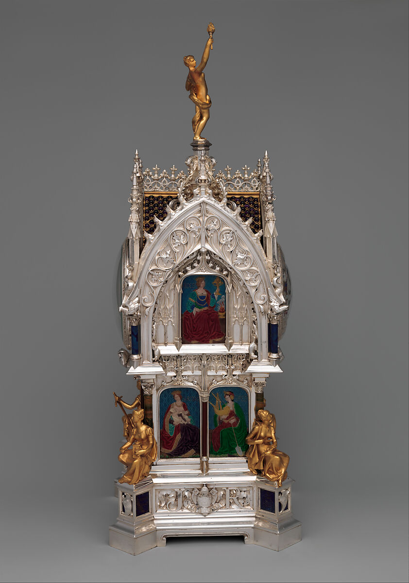 Table clock with calendar, Case and enamel design by the Firm of Lucien Falize (French, Paris 1839–1897 Paris), Case: silver, partly enameled gold, hardstones, rock crystal, amethysts, and diamonds; movement: brass and steel, French, Paris