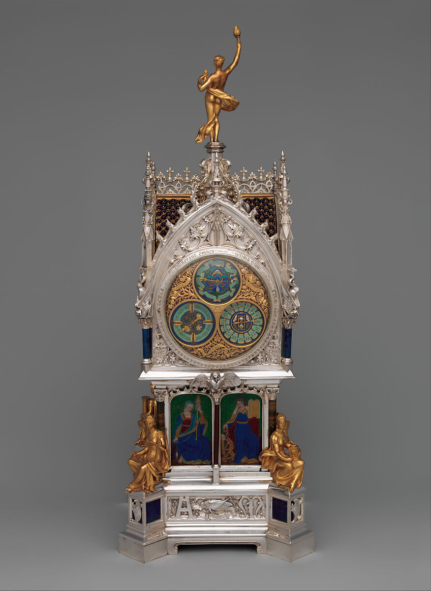 Table clock with calendar, Case and enamel design by the Firm of Lucien Falize (French, Paris 1839–1897 Paris), Case: silver, partly enameled gold, hardstones, rock crystal, amethysts, and diamonds; movement: brass and steel, French, Paris