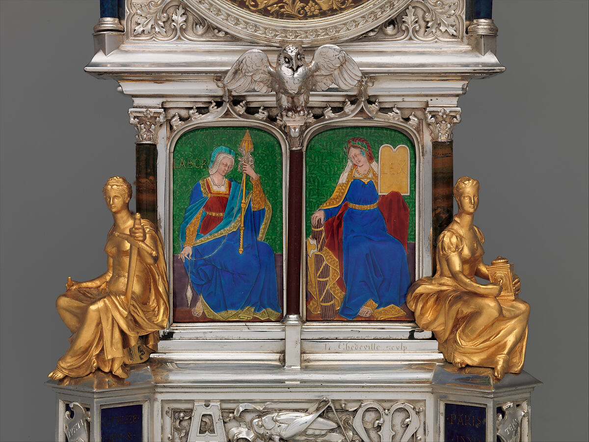 Table clock with calendar, Case and enamel design by the Firm of Lucien Falize (French, Paris 1839–1897 Paris), Case: silver, partly enameled gold, hardstones, rock crystal, amethysts, and diamonds; movement: brass and steel, French, Paris