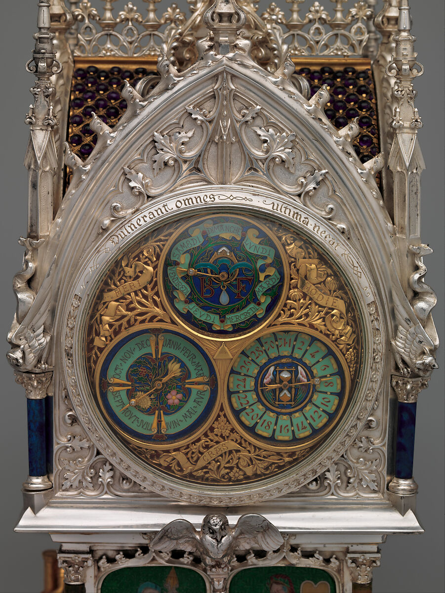 Table clock with calendar, Case and enamel design by the Firm of Lucien Falize (French, Paris 1839–1897 Paris), Case: silver, partly enameled gold, hardstones, rock crystal, amethysts, and diamonds; movement: brass and steel, French, Paris