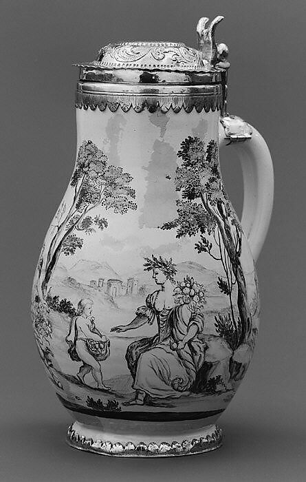 Krug, Probably by Wolf Rössler (German, 1650–1717, active Nuremburg), Tin-glazed earthenware; silver-gilt mounts, German, Hanau-Frankfurt 