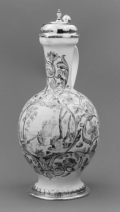 Flagon (one of a pair), Abraham Helmhack (1654–1724), Tin-glazed earthenware, silver gilt, German, Nuremberg 