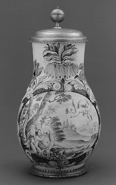 Flagon, Abraham Helmhack (1654–1724), Tin-glazed earthenware; pewter mounts, German, Hanau with Nuremberg decoration 