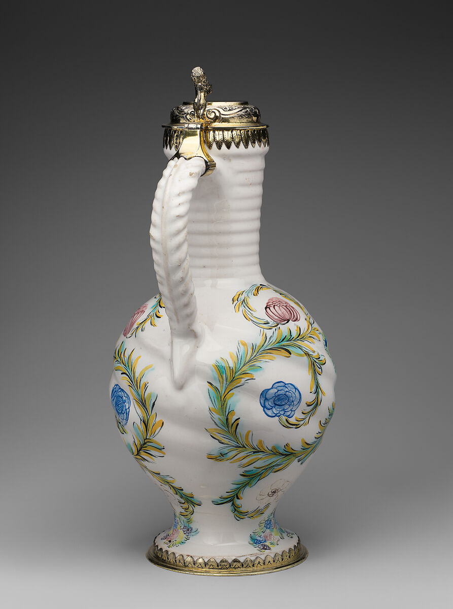 Jug, Justus Alexander Ernst Glüer (German, working 1719–35), Tin-glazed earthenware, silver-gilt, German, Nuremberg