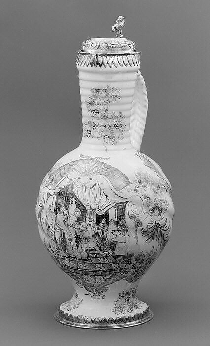 Jug, Justus Alexander Ernst Glüer (German, working 1719–35), Tin-glazed earthenware, silver-gilt, German, Nuremberg 