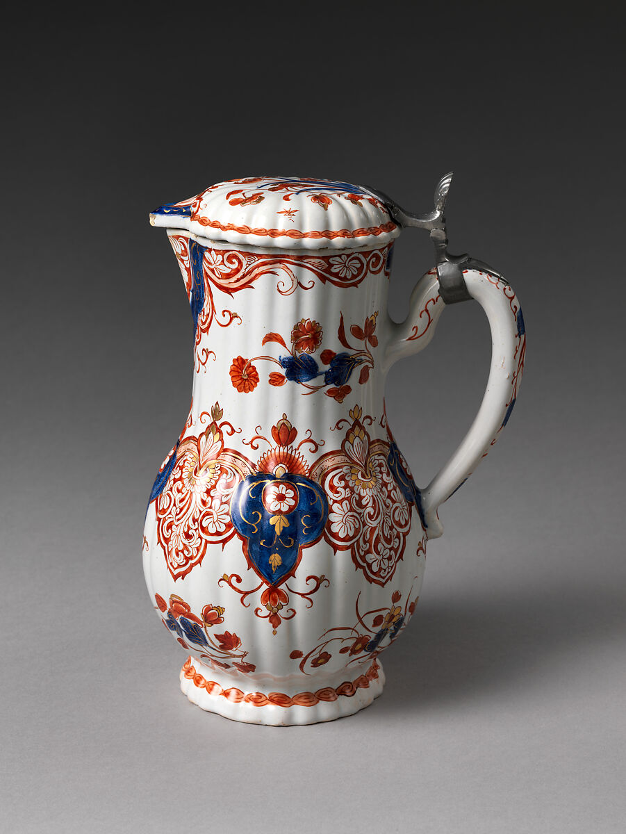 Jug with stylized floral pendants, The "Greek A" Factory, Tin-glazed earthenware painted with colored enamels, Dutch, Delft 